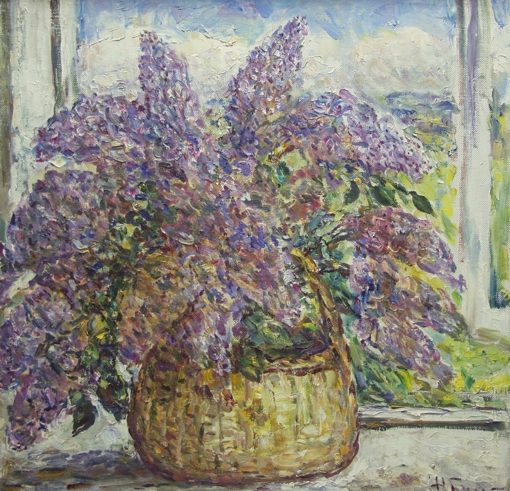 Н.А. Буранов. Сирень в корзине. Хм. 68,5х68,5. 1988.