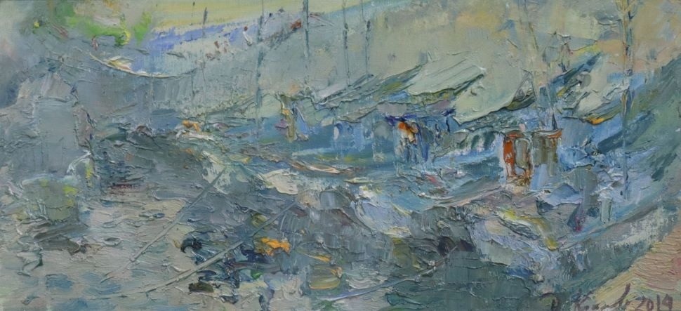 Лодки. Лаошань. Китай. Холст на картоне масло. 18х39,5. 2014.